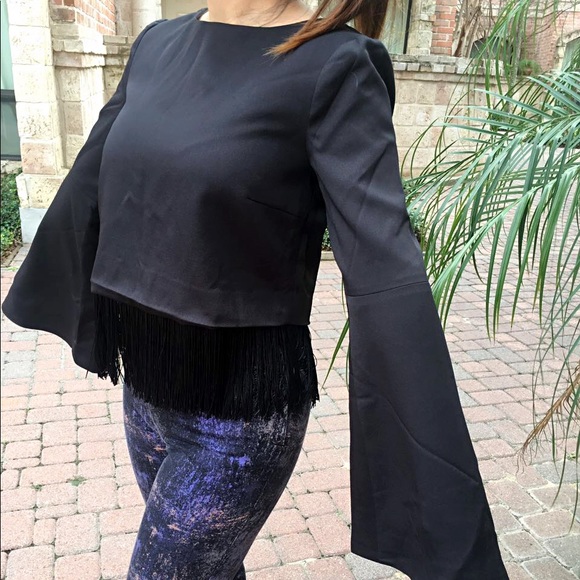 "Vertigo" Black Fringe Crop Top w/ Bell Sleeves - Picture 6 of 7